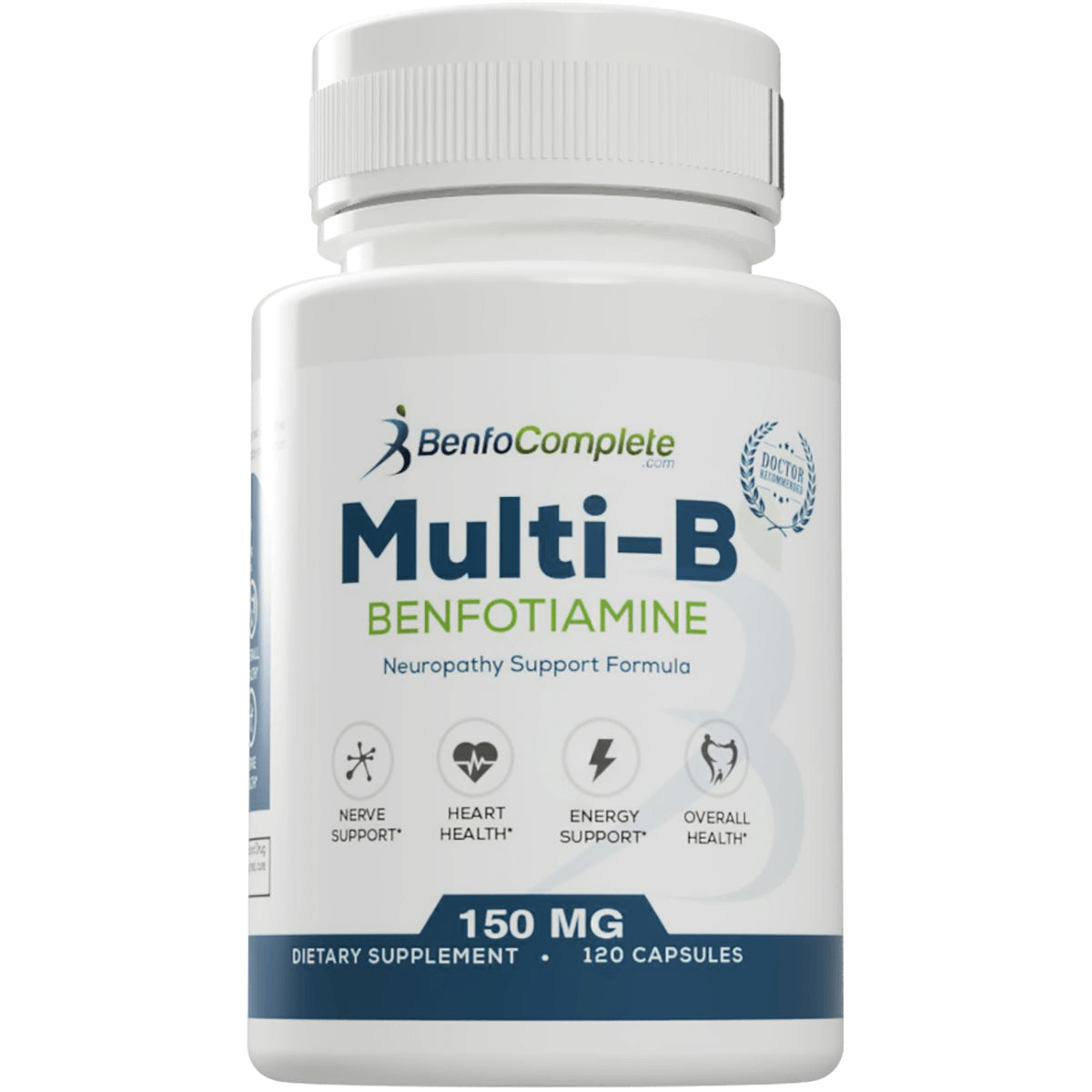 BFT004 | Multi-B benfotiamine supplement bottle label showing 150 MG, neuropathy support formula, 120 capsules