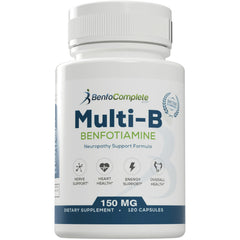 BFT004 | Multi-B benfotiamine supplement bottle label showing 150 MG, neuropathy support formula, 120 capsules