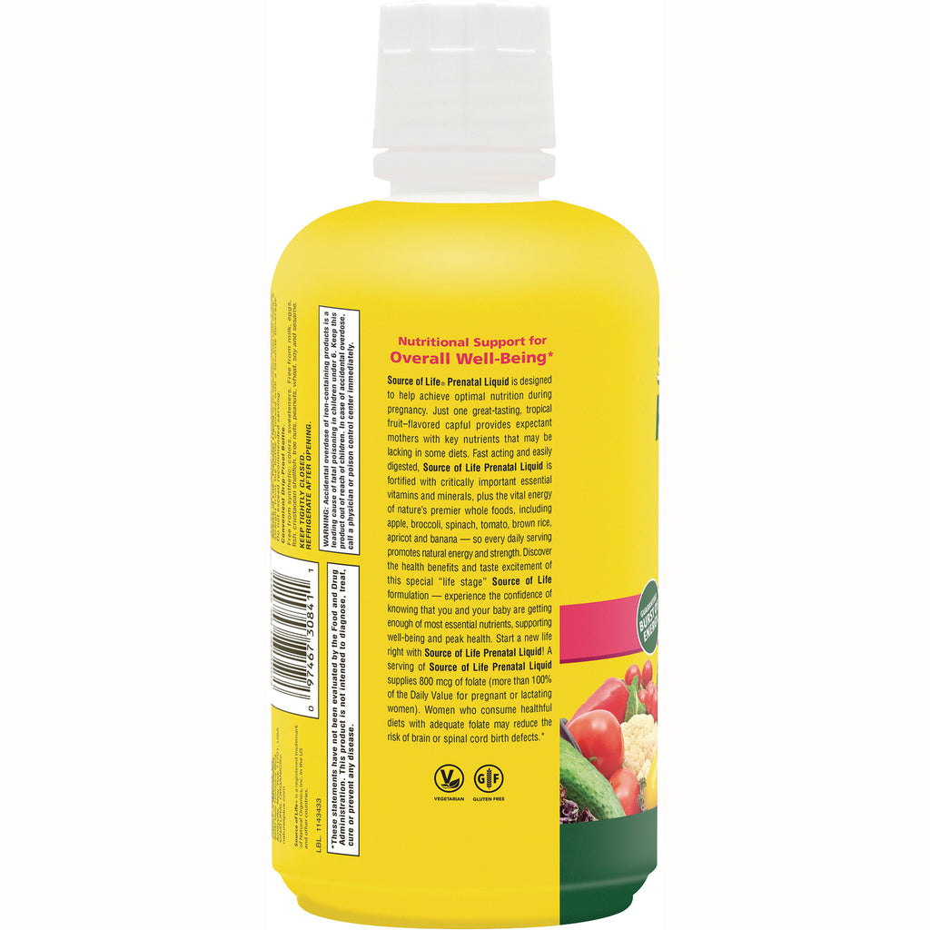 NTP049 | Back of yellow prenatal liquid bottle showing nutritional support text, barcode, and icons - Thumbnail