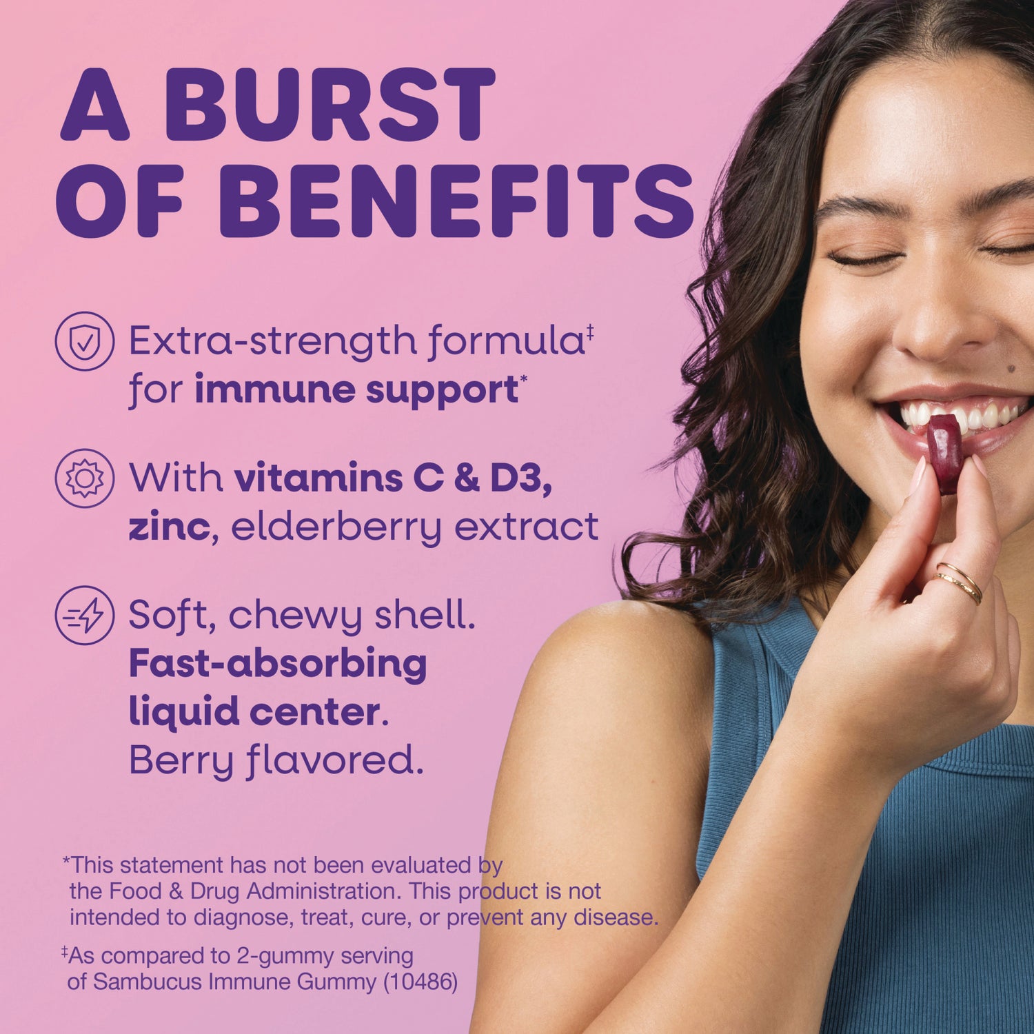 NW1072 | Woman eating a berry gummy beside text listing extra-strength immune support, vitamins C & D3, zinc, elderberry