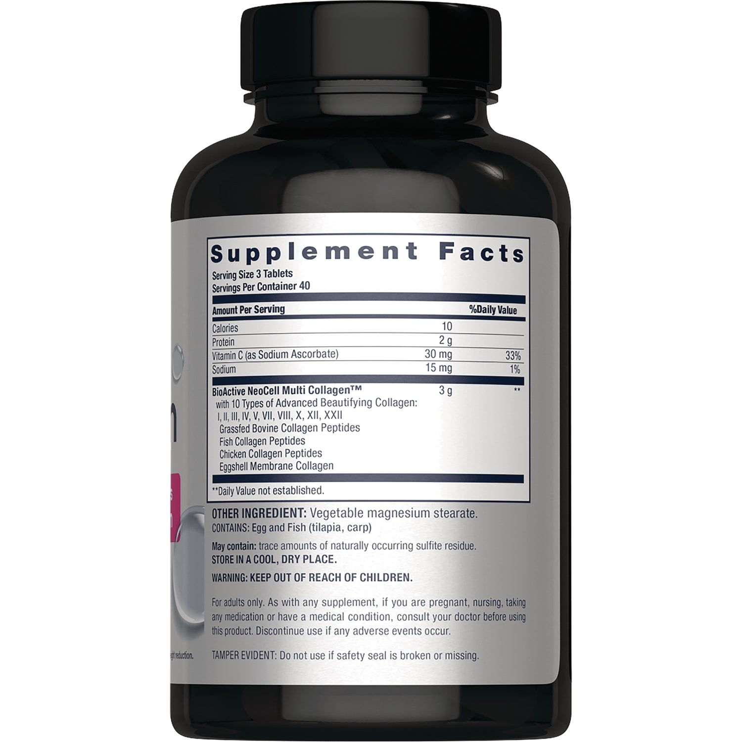 NEC047 | Back label of black supplement bottle showing Supplement Facts panel, ingredients, warnings and serving information
