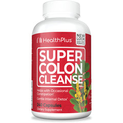 HP013 | HealthPlus Super Colon Cleanse red bottle front showing label and 240 Capsules dietary supplement