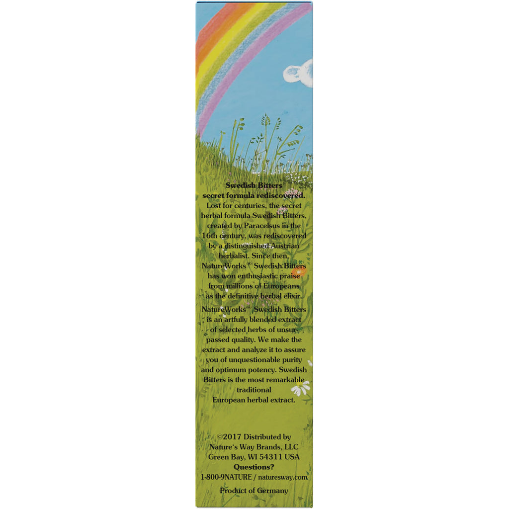 NR001 | vertical product infographic panel with rainbow over grass and printed Swedish Bitters product description and distributor info - Thumbnail