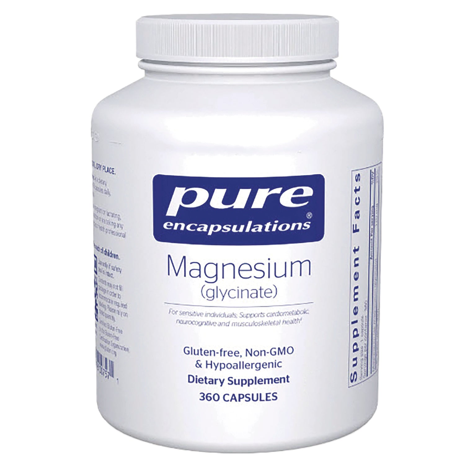 PRN062 | Pure Encapsulations Magnesium (glycinate) white bottle, 360 capsules, gluten-free non-GMO hypoallergenic