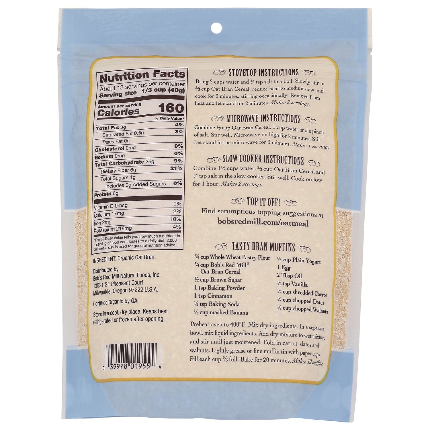 BOB314 | Back of oat bran bag showing Nutrition Facts panel, barcode, and cooking instructions