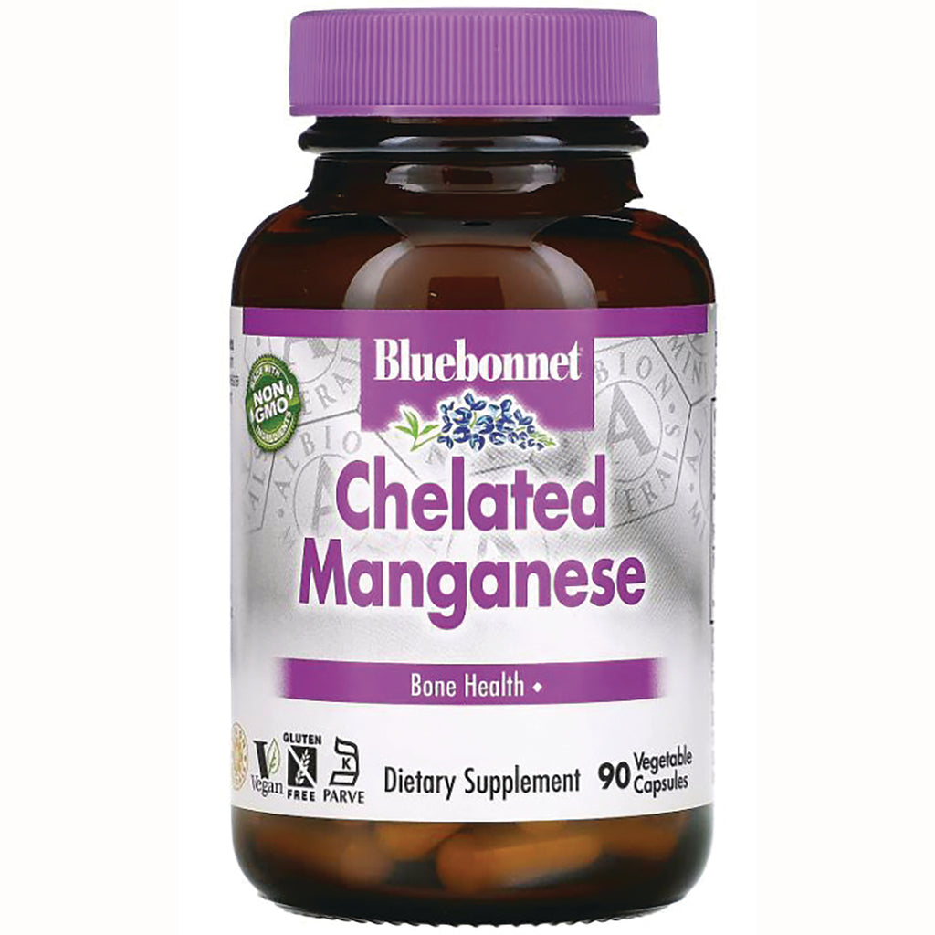BLU068 | Bluebonnet Chelated Manganese bottle with purple cap, label reading Chelated Manganese and Bone Health, 90 vegetable capsules - Thumbnail