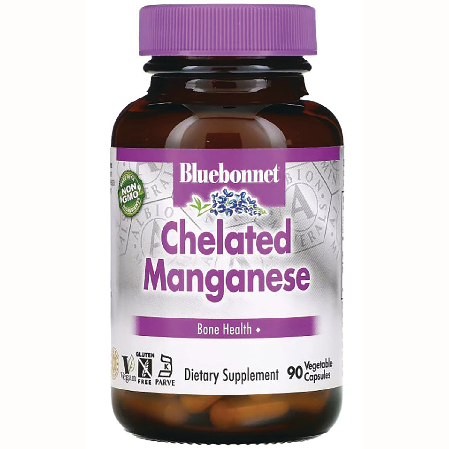 BLU068 | Bluebonnet Chelated Manganese bottle with purple cap, label reading Chelated Manganese and Bone Health, 90 vegetable capsules