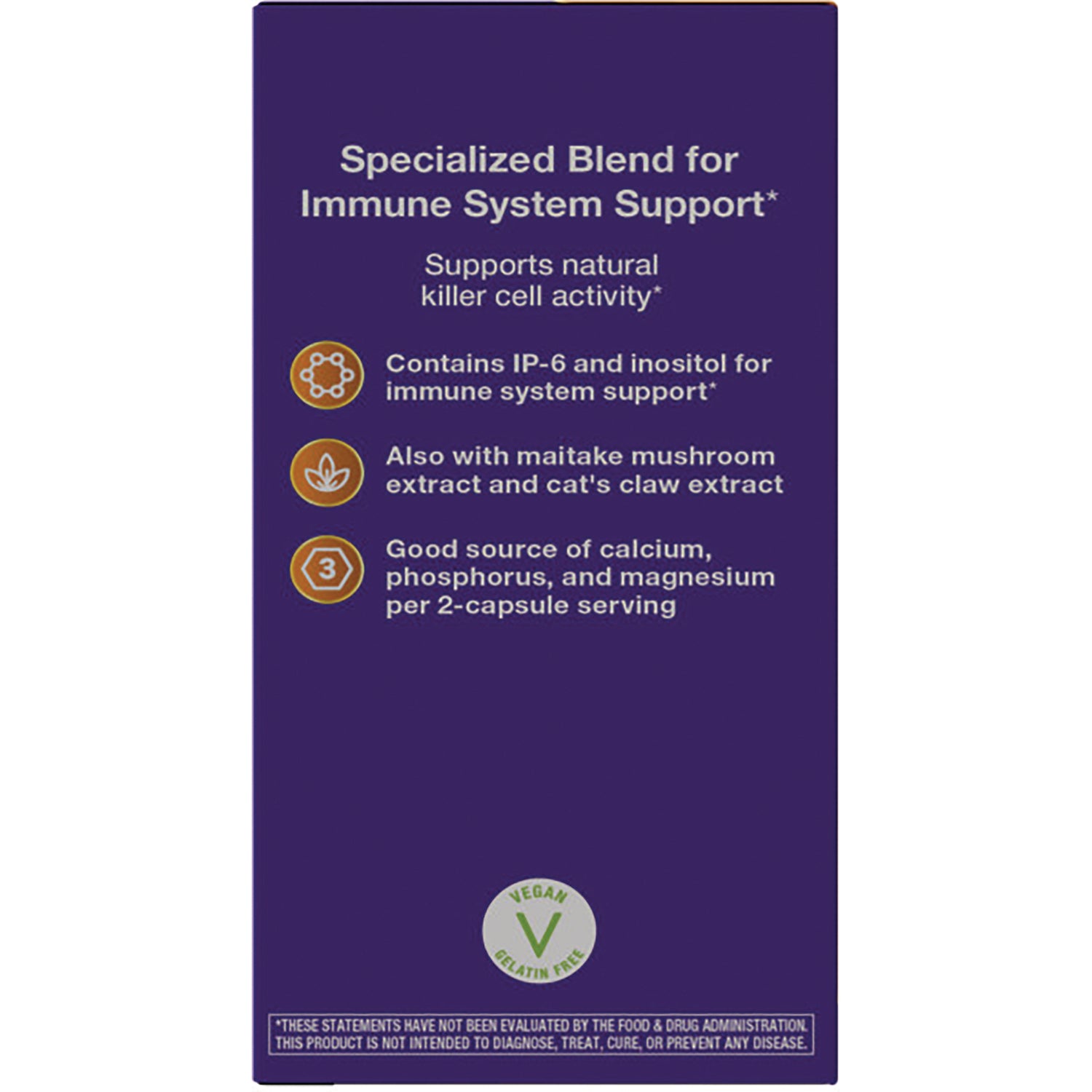 ET263 | Product infographic: specialized immune support blend with IP-6, inositol, maitake mushroom, cat's claw, minerals per 2-capsule serving, vegan badge