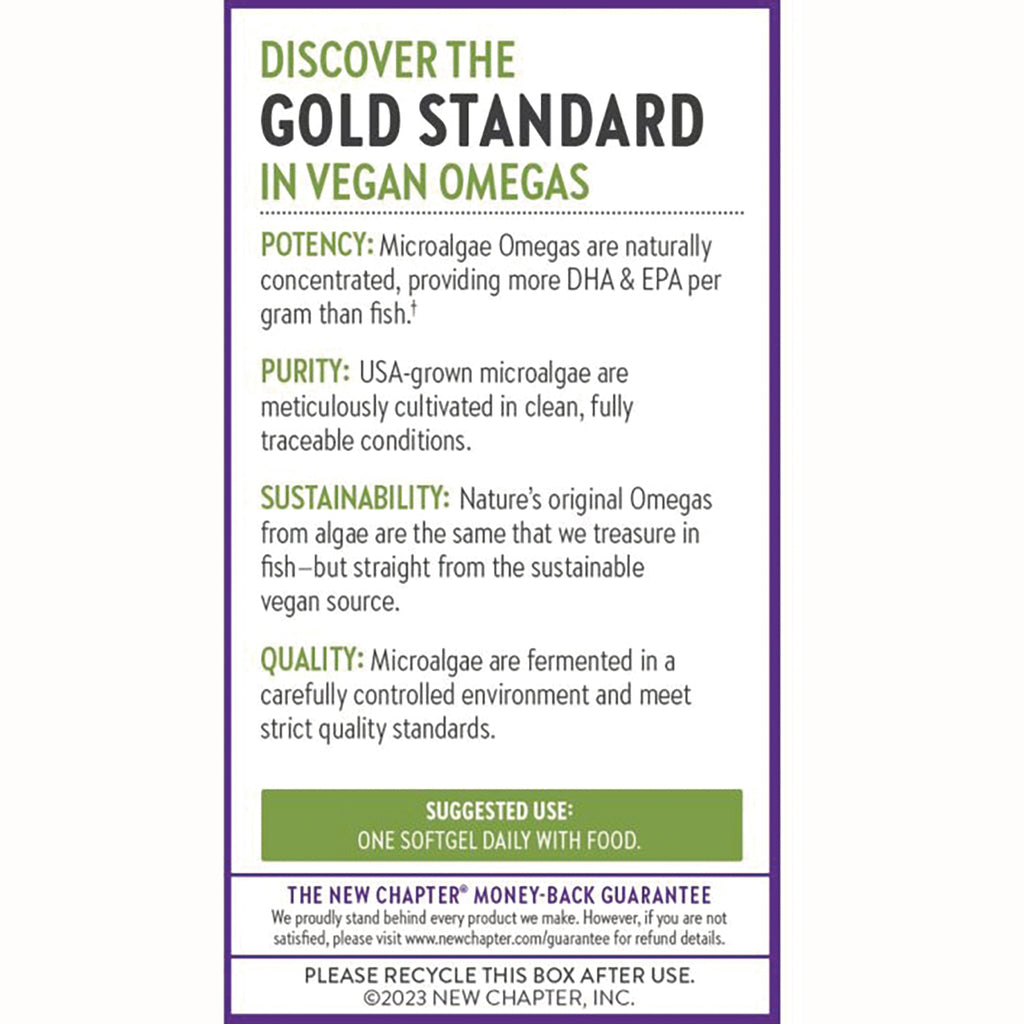 NWC371 | Back panel listing potency, purity, sustainability, quality, and suggested use for vegan omega softgels - Thumbnail