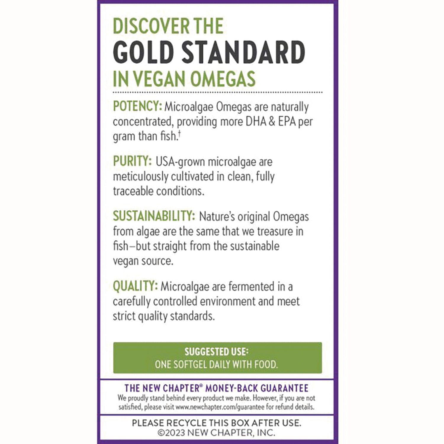 NWC371 | Back panel listing potency, purity, sustainability, quality, and suggested use for vegan omega softgels