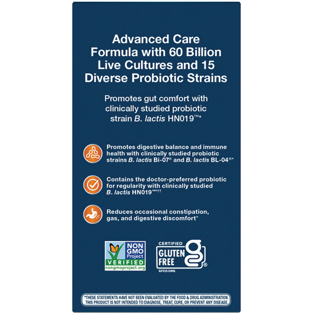 NW803 | Product infographic on navy panel listing 60 billion live cultures, 15 probiotic strains, benefits, Non GMO and gluten free logos - Thumbnail