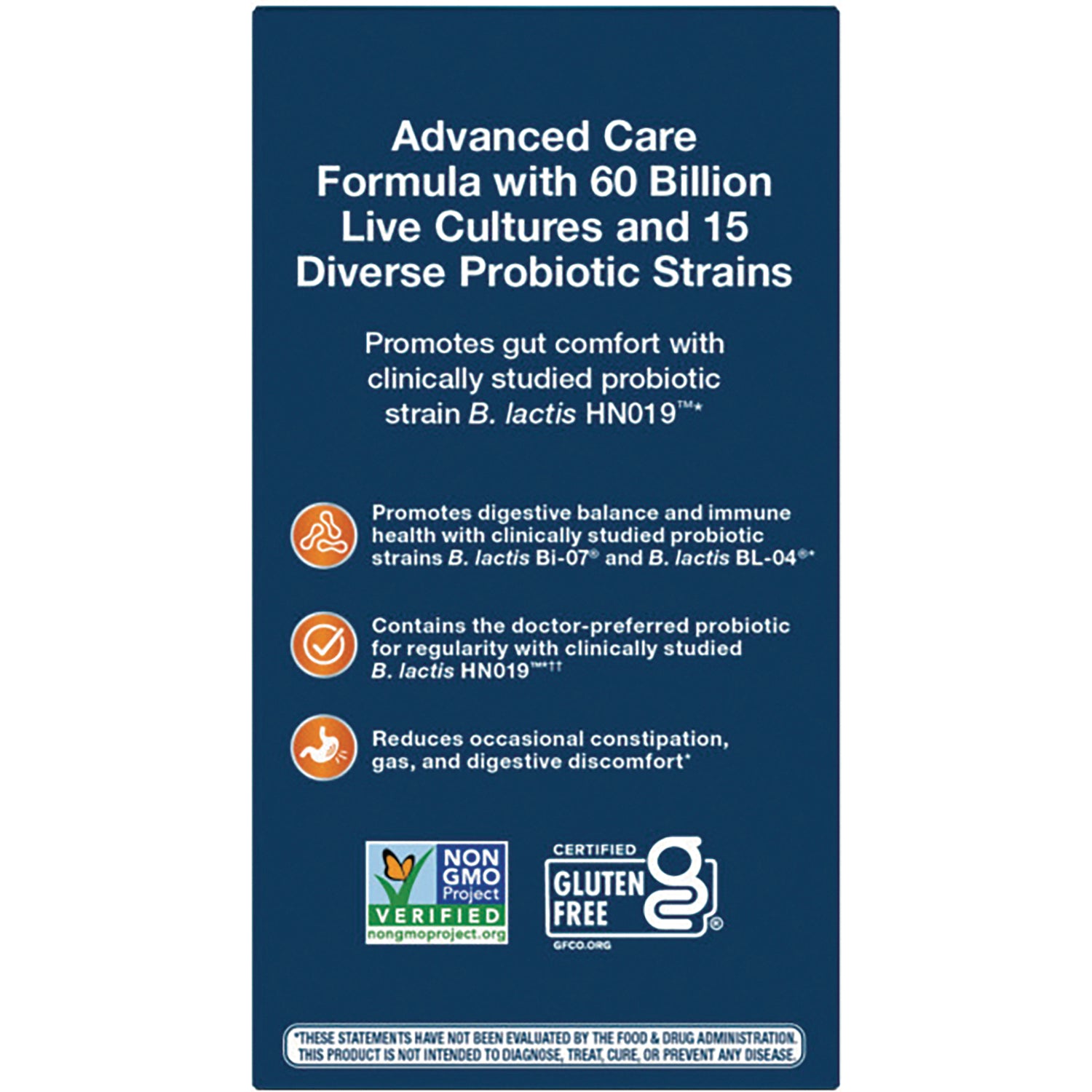 NW803 | Product infographic on navy panel listing 60 billion live cultures, 15 probiotic strains, benefits, Non GMO and gluten free logos