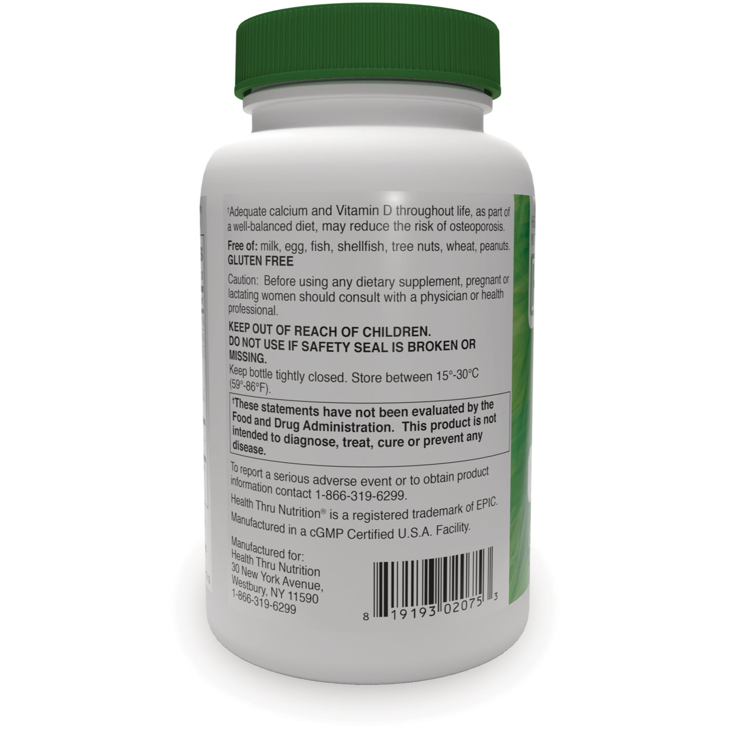 HTN010 | back label of white supplement bottle showing warnings, storage instructions and barcode