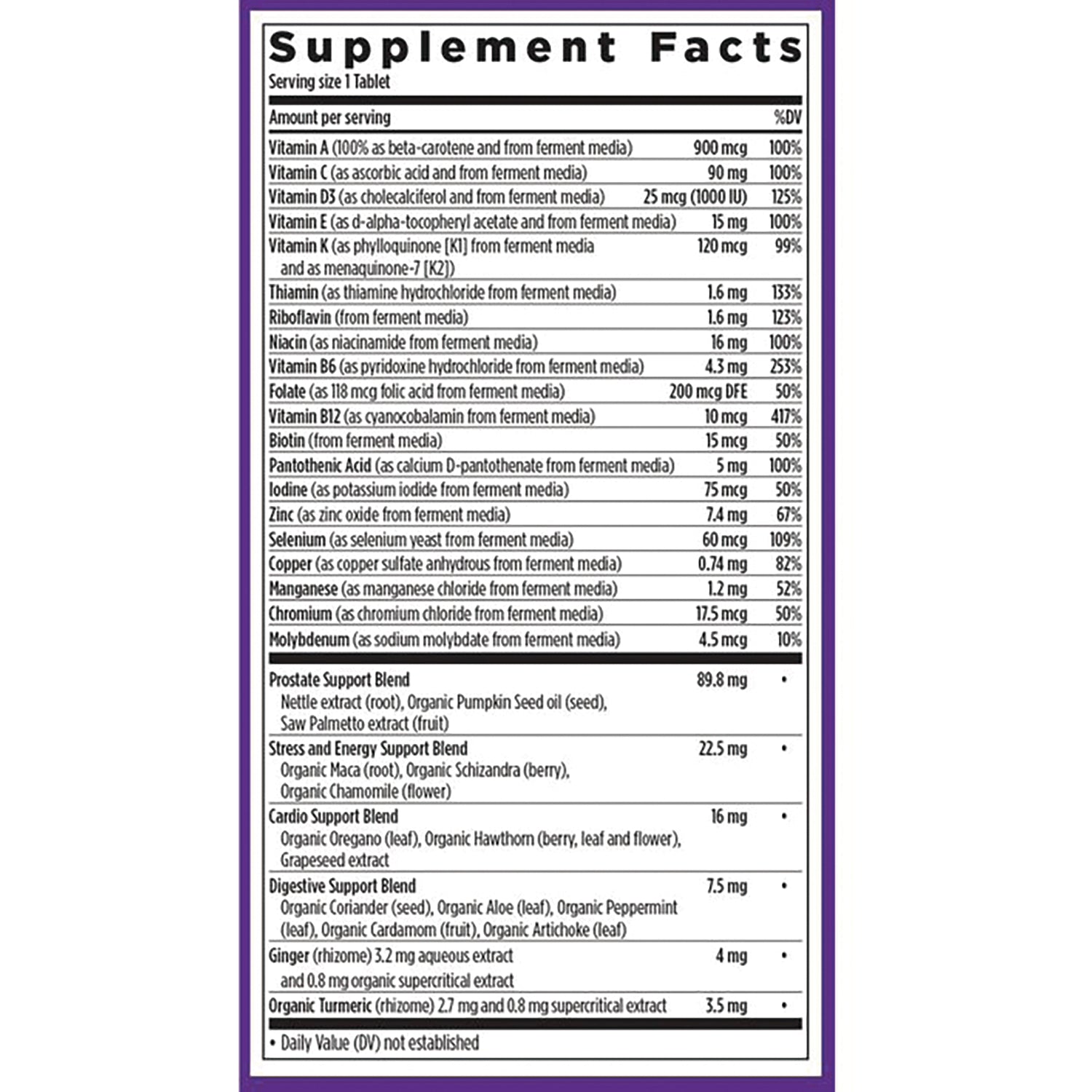 NWC319 | Supplement Facts label showing vitamins, minerals, serving size, and herbal blend ingredients