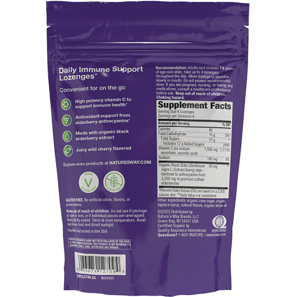 NW995 | back of purple pouch showing supplement facts, ingredient and usage text for Daily Immune Support lozenges - Thumbnail