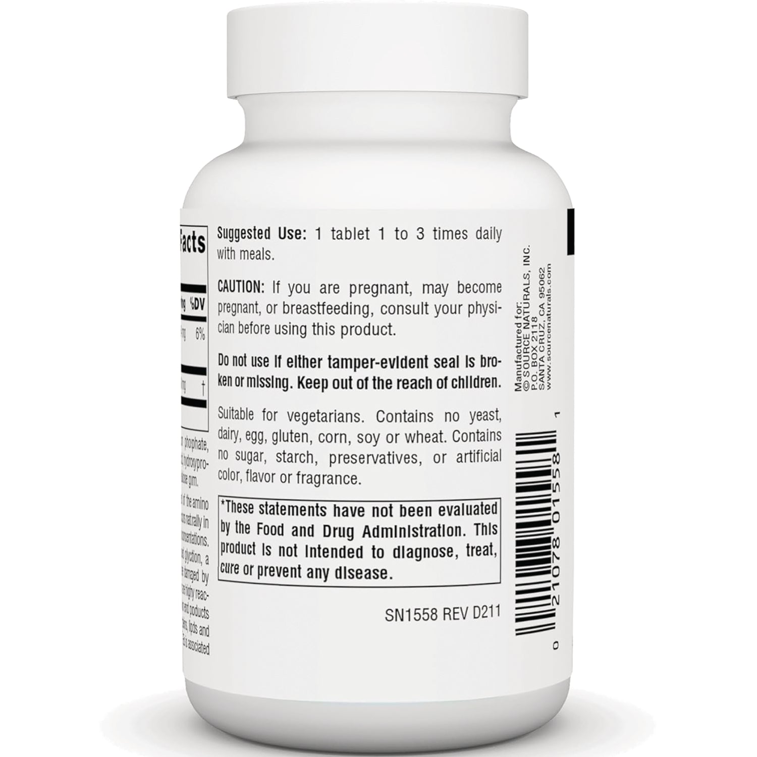 SN462 | Supplement bottle back label with suggested use, caution, ingredients details, FDA disclaimer, and barcode