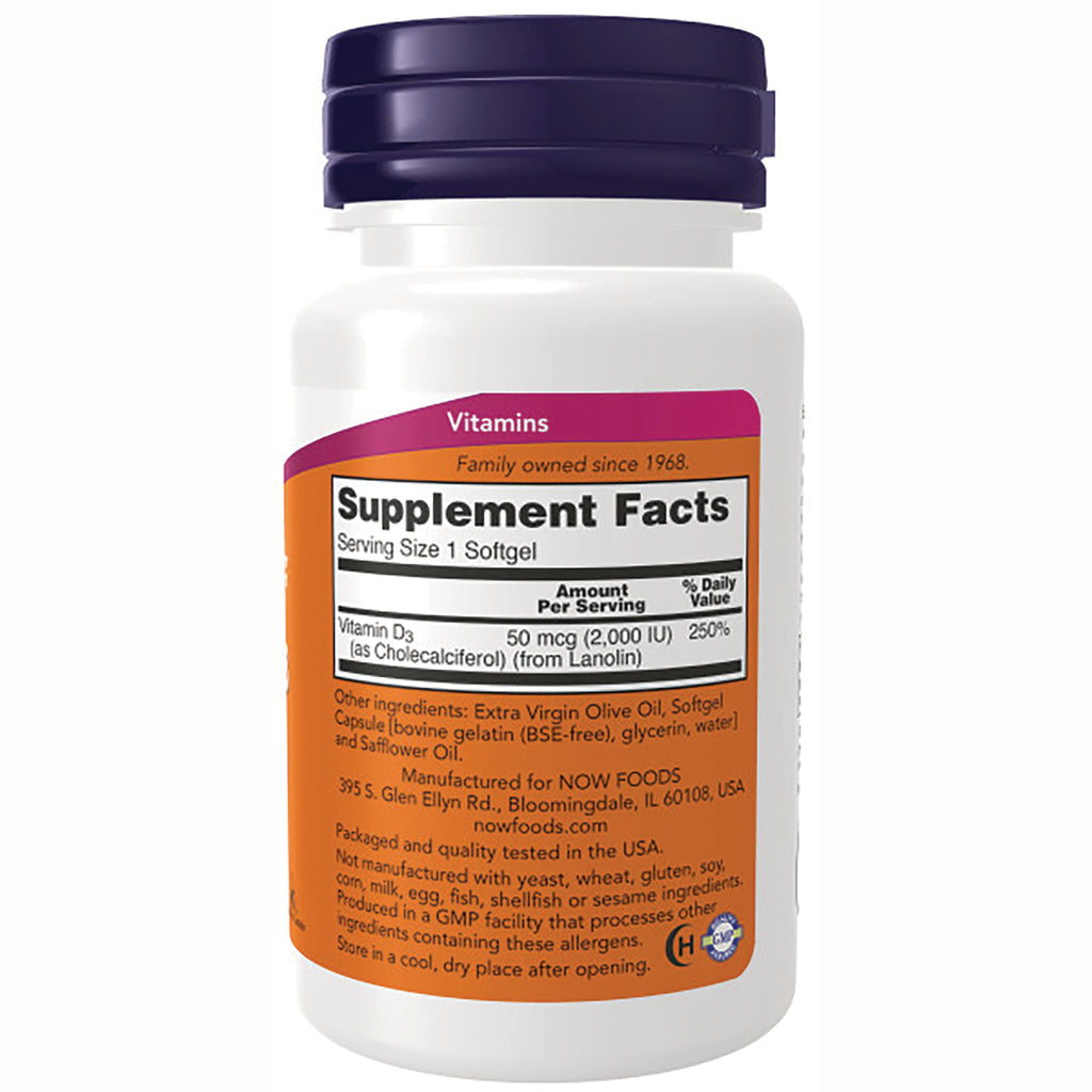 NWF643 | Back of white supplement bottle showing Supplement Facts panel and ingredient text for Vitamin D3 Serving Size 1 Softgel - Thumbnail