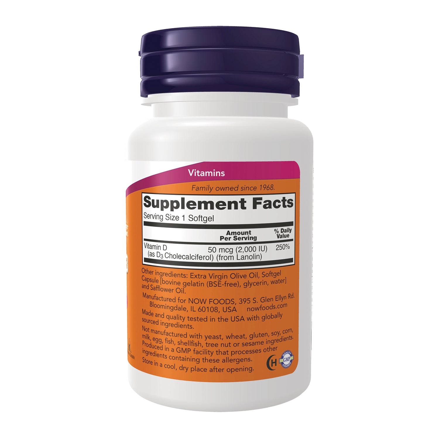 NWF643 | Back of white supplement bottle showing Supplement Facts panel and ingredient text for Vitamin D3 Serving Size 1 Softgel