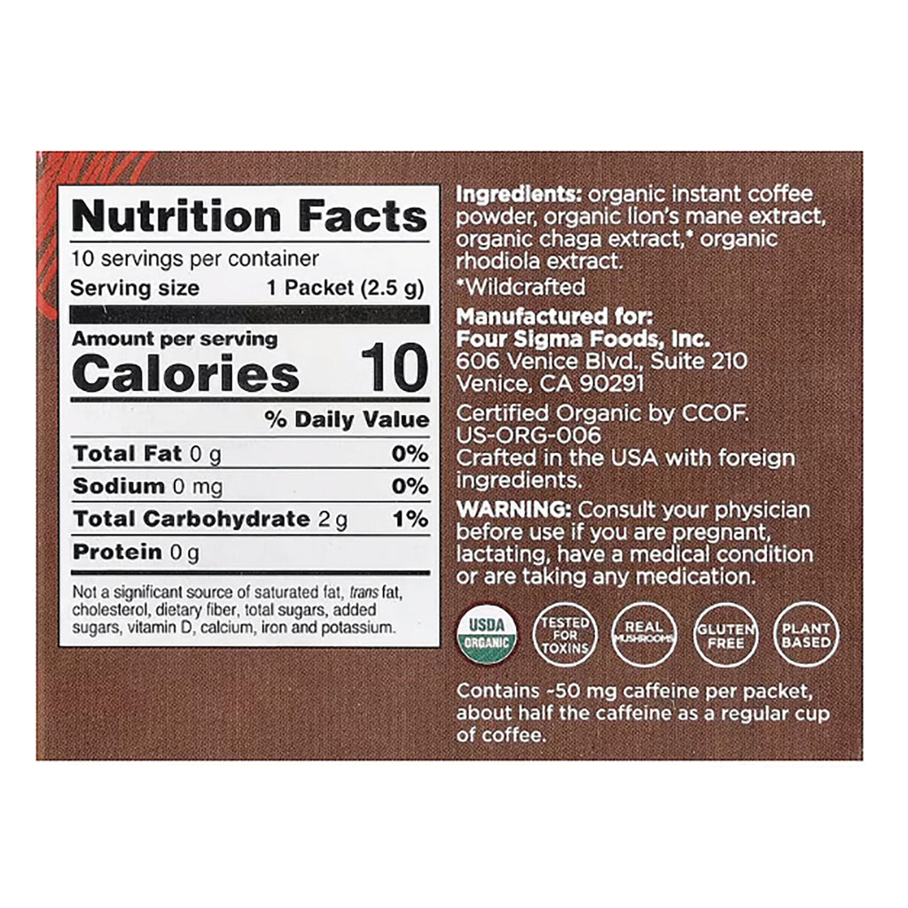 FSF008 | Nutrition facts panel and ingredients list for instant mushroom coffee packet showing calories, serving size, and warnings - Thumbnail