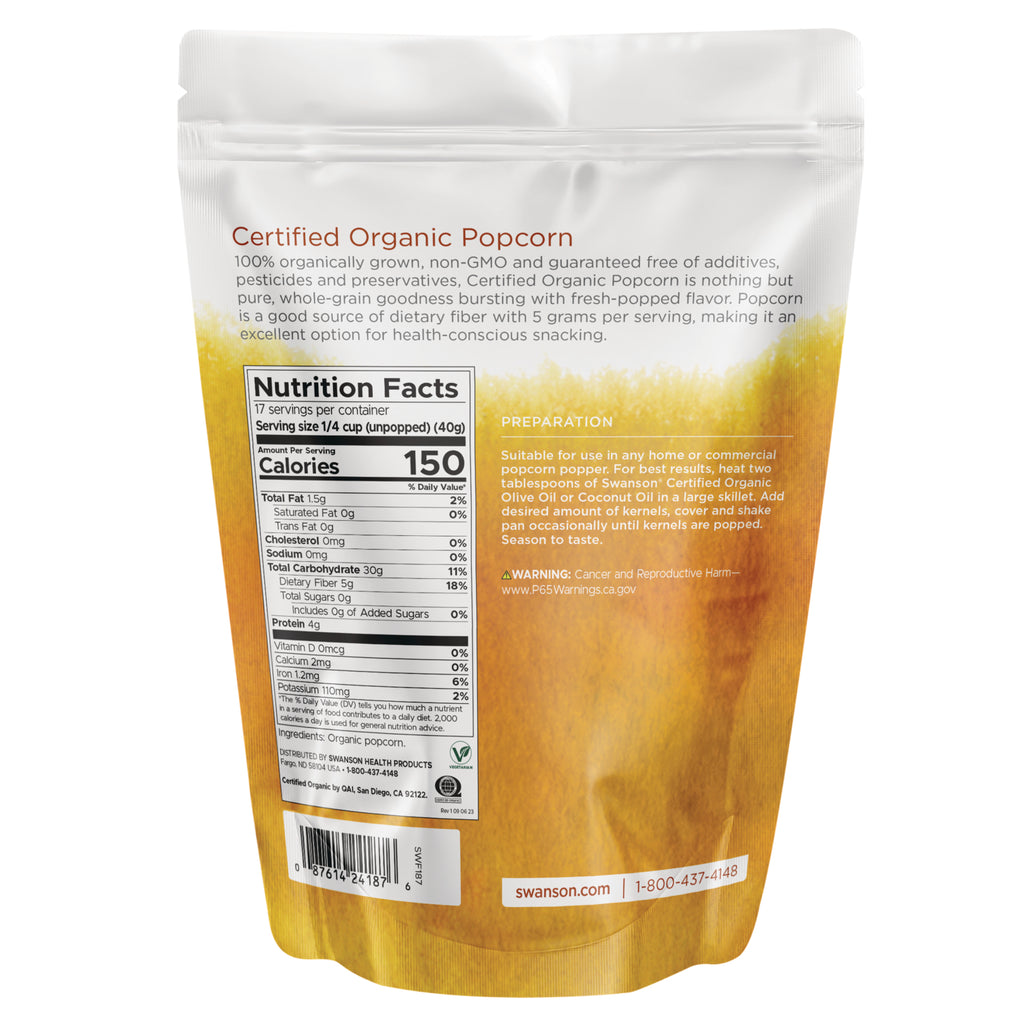 SWF187 | Back of Certified Organic Popcorn bag showing Nutrition Facts and preparation, 150 calories per serving - Thumbnail