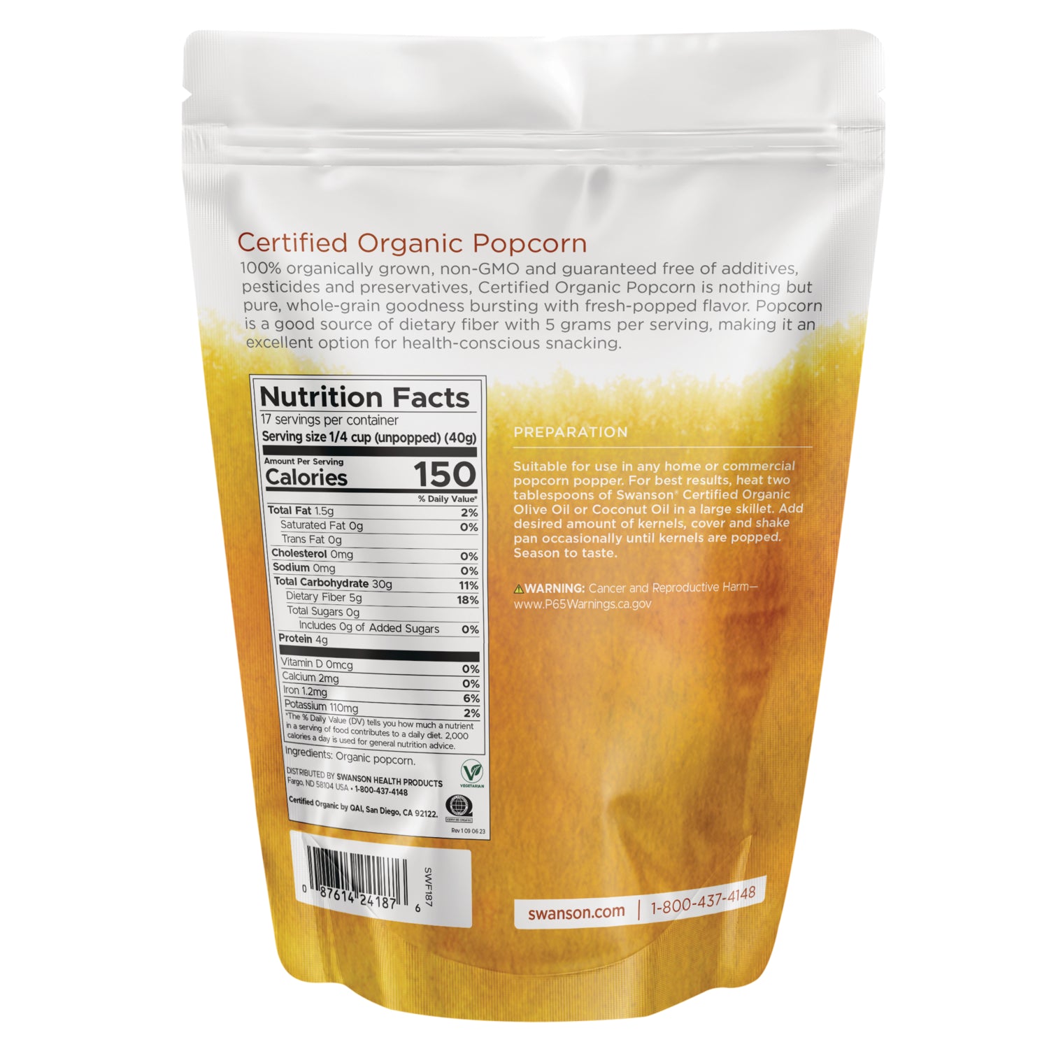 SWF187 | Back of Certified Organic Popcorn bag showing Nutrition Facts and preparation, 150 calories per serving