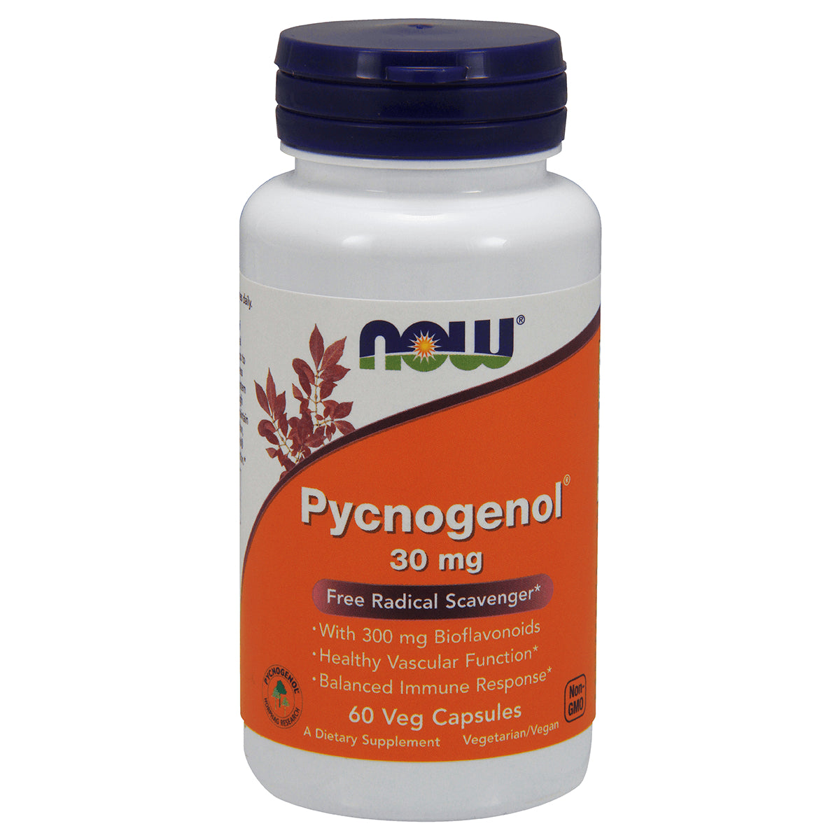 White bottle of NOW Pycnogenol 30 mg dietary supplement with orange label stating 60 Veg Capsules