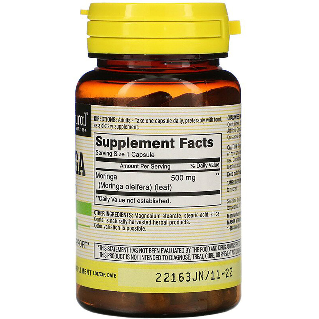 MSN048 | back of amber supplement bottle showing Supplement Facts label listing Moringa 500 mg, serving size 1 capsule and lot/exp date - Thumbnail