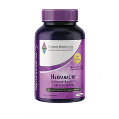 Purple supplement bottle labeled Herpanacine Immune Boosting Skin Support with Diamond Herpanacine logo
