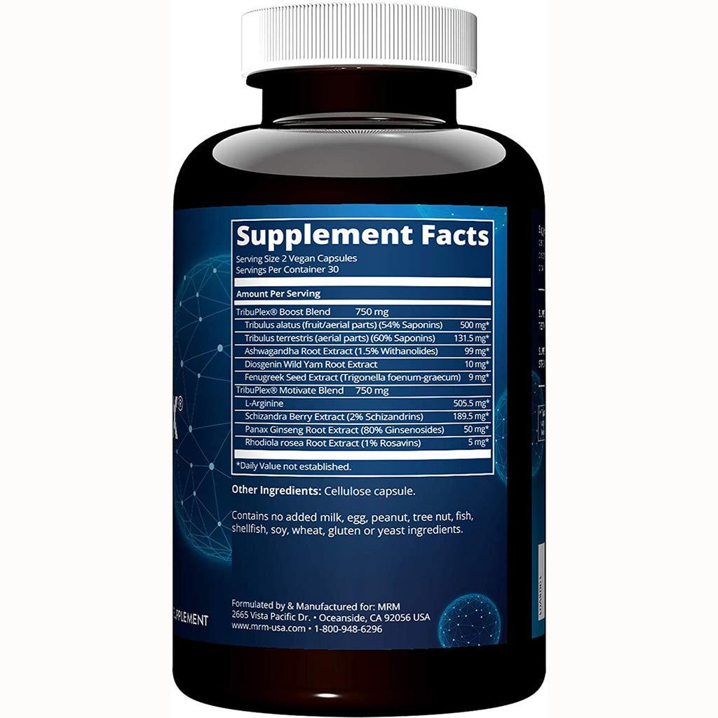 MRM007 | back label showing Supplement Facts table and other ingredients on blue supplement bottle - Thumbnail
