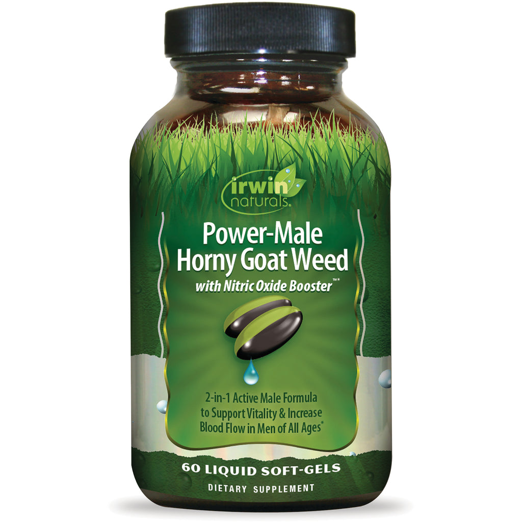 IR257 | Irwin Naturals Power-Male Horny Goat Weed 60 liquid soft-gels dietary supplement bottle with green label - Thumbnail