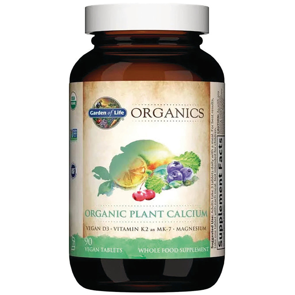 GLF185 | Garden of Life Organics Organic Plant Calcium brown bottle label showing product name and partial supplement facts - Thumbnail