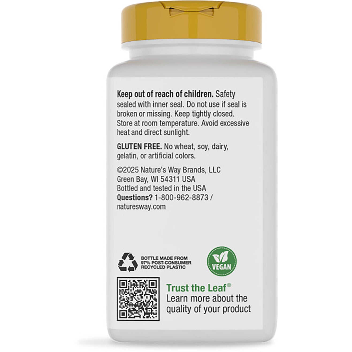 ET134 | back of brown supplement bottle showing green label reading Supports Cellular Energy with benefits, contact info and barcode