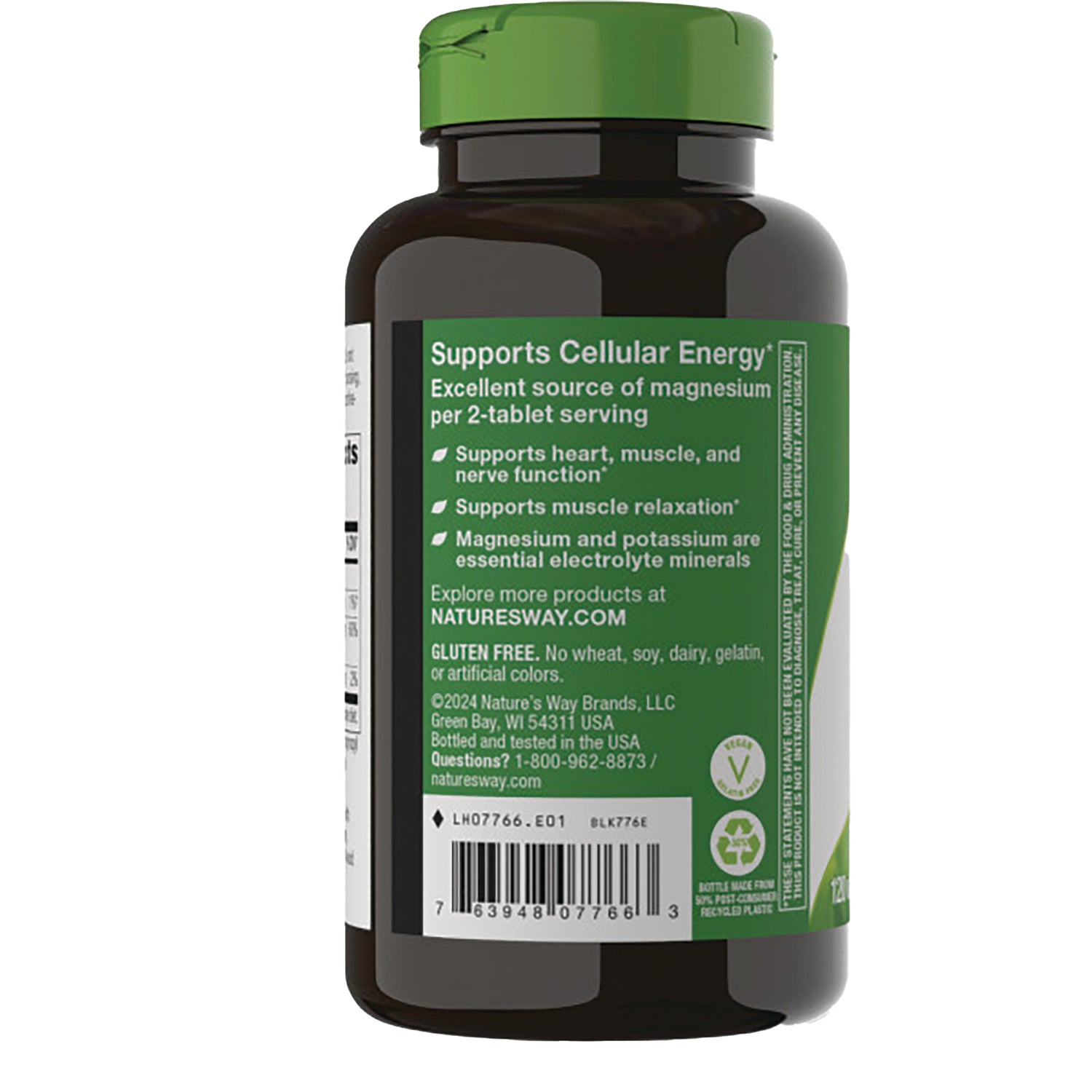 ET134 | back of brown supplement bottle showing green label reading Supports Cellular Energy with benefits, contact info and barcode