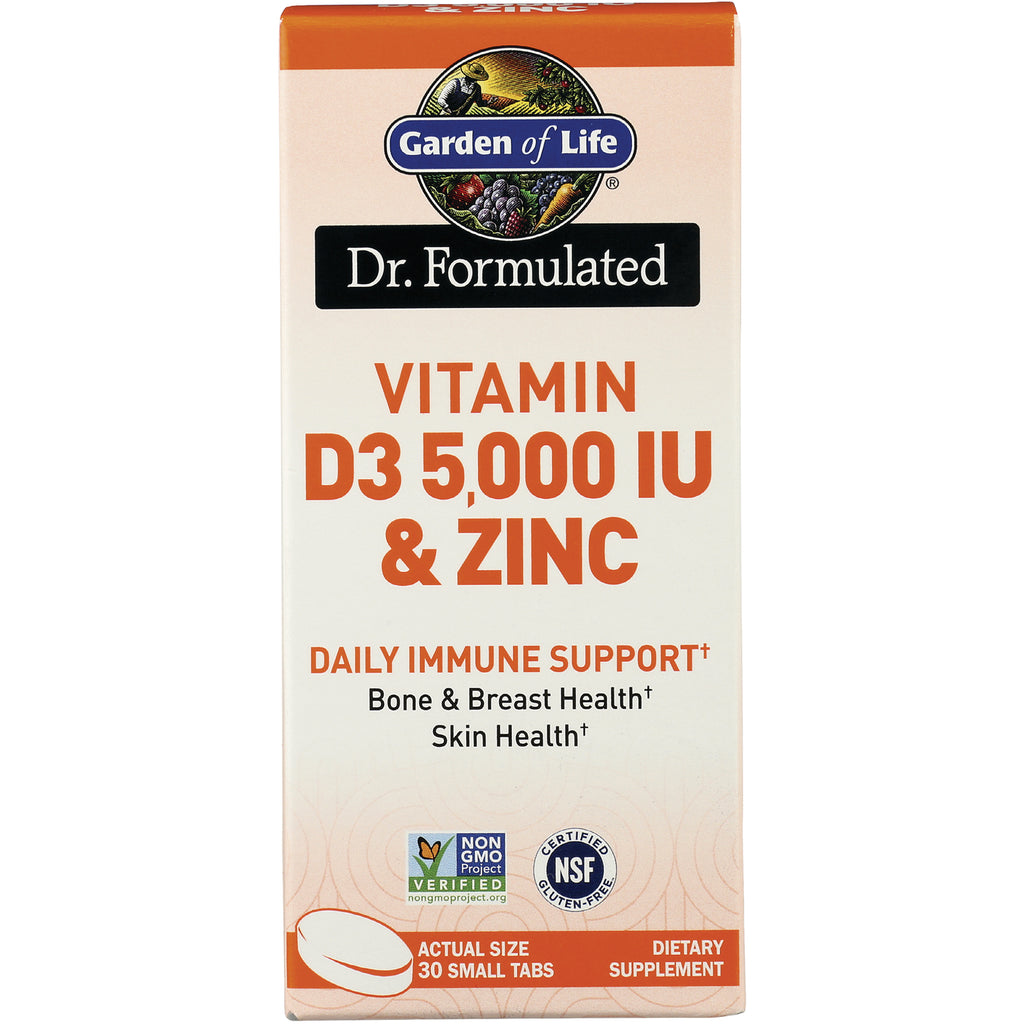 GLF363 | Garden of Life Dr. Formulated Vitamin D3 5,000 IU & Zinc box front, daily immune support, 30 small tabs - Thumbnail