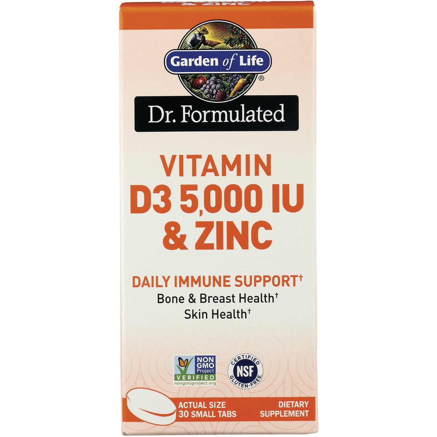GLF363 | Garden of Life Dr. Formulated Vitamin D3 5,000 IU & Zinc box front, daily immune support, 30 small tabs