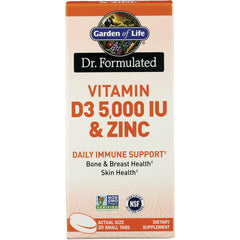 GLF363 | Garden of Life Dr. Formulated Vitamin D3 5,000 IU & Zinc box front, daily immune support, 30 small tabs