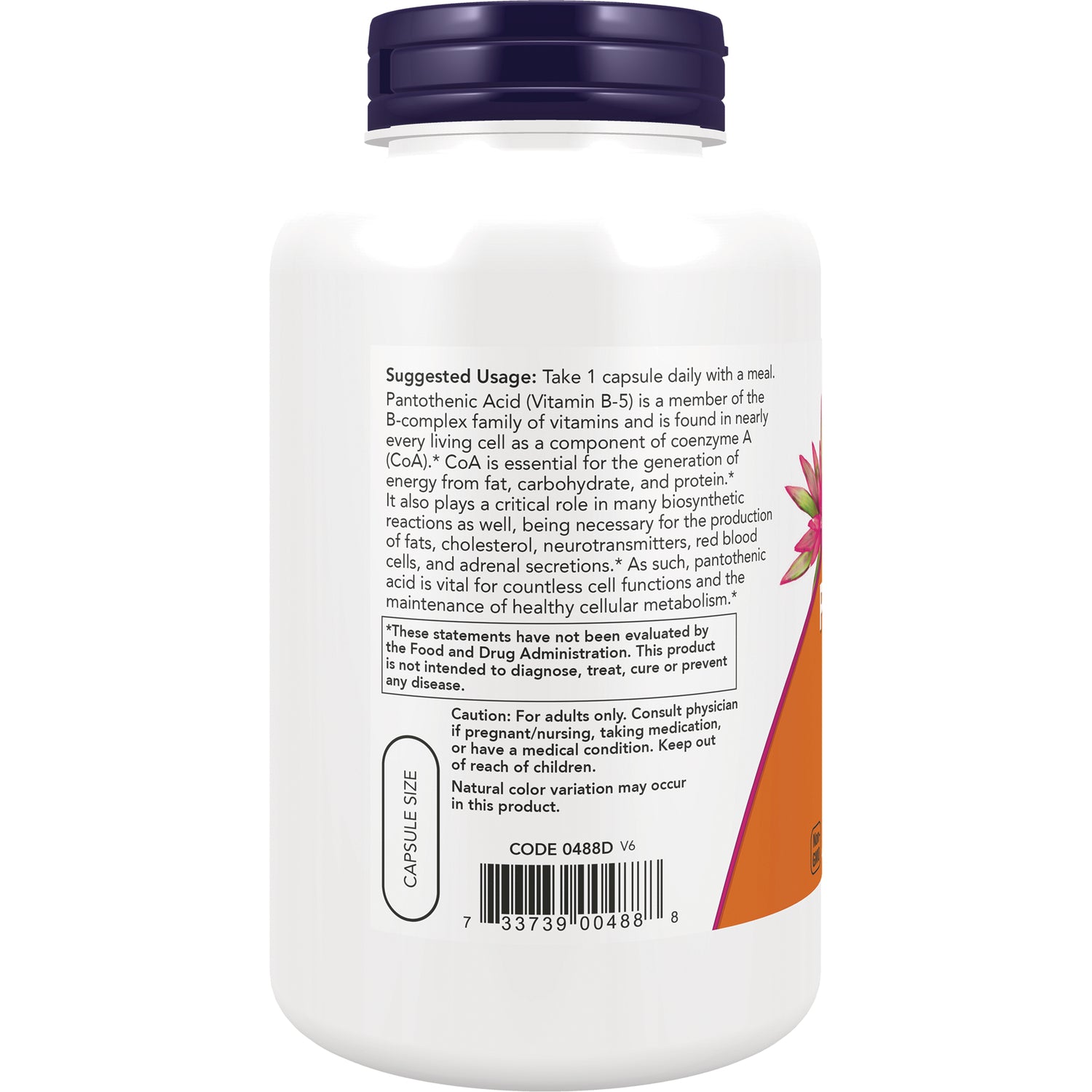 NWF1466 | Back label of white supplement bottle showing suggested usage Take 1 capsule daily caution and barcode
