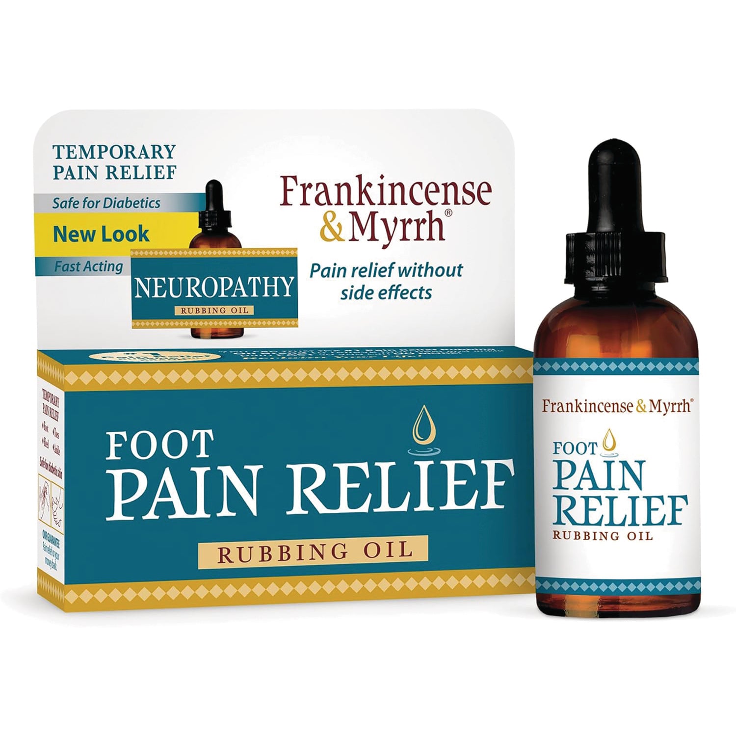FMY001 | Frankincense & Myrrh foot pain relief rubbing oil box and dropper bottle labeled FOOT PAIN RELIEF and Neuropathy
