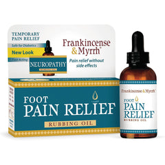 FMY001 | Frankincense & Myrrh foot pain relief rubbing oil box and dropper bottle labeled FOOT PAIN RELIEF and Neuropathy