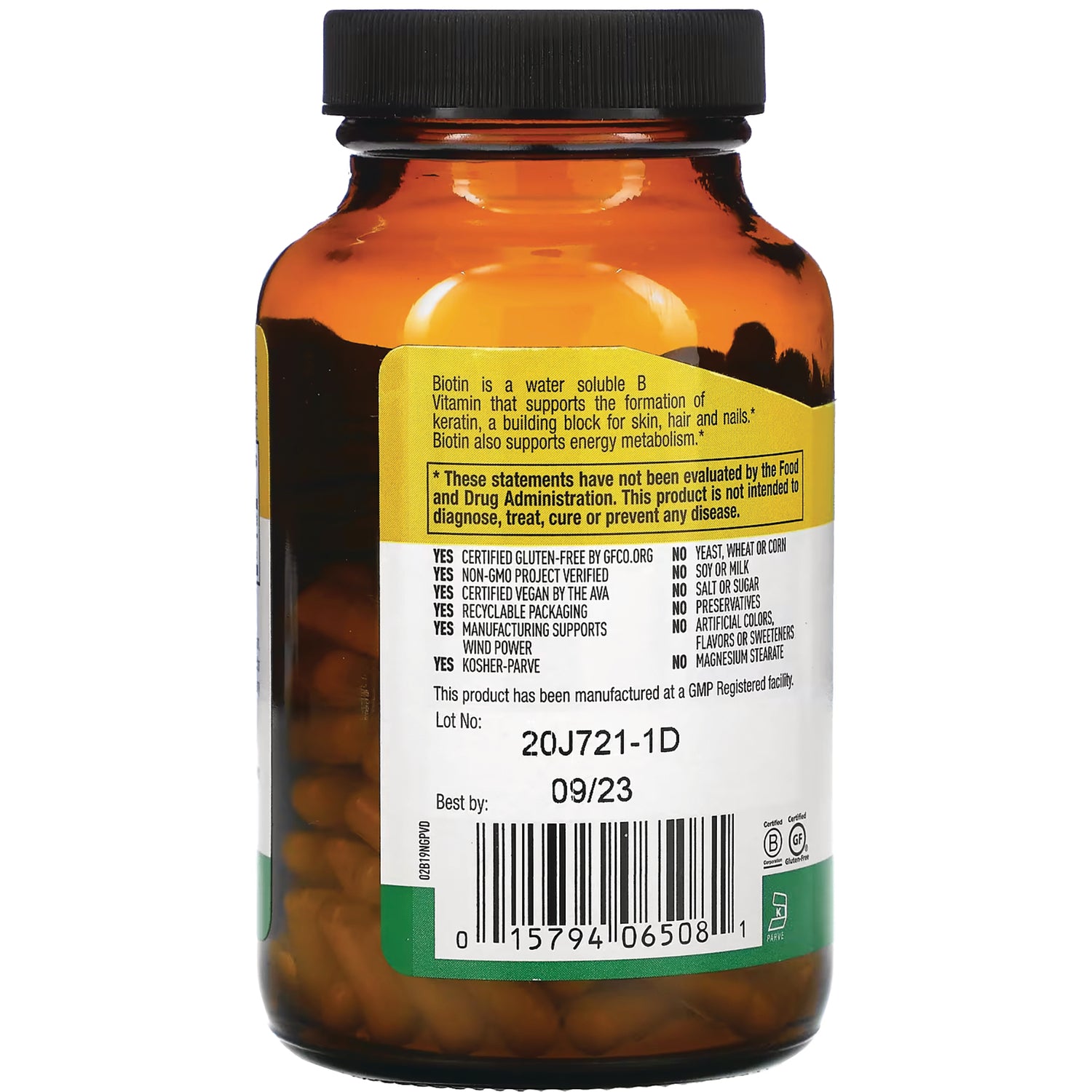CRL551 | Back of amber supplement bottle label showing Lot No 20J721-1D, Best by 09/23 and barcode
