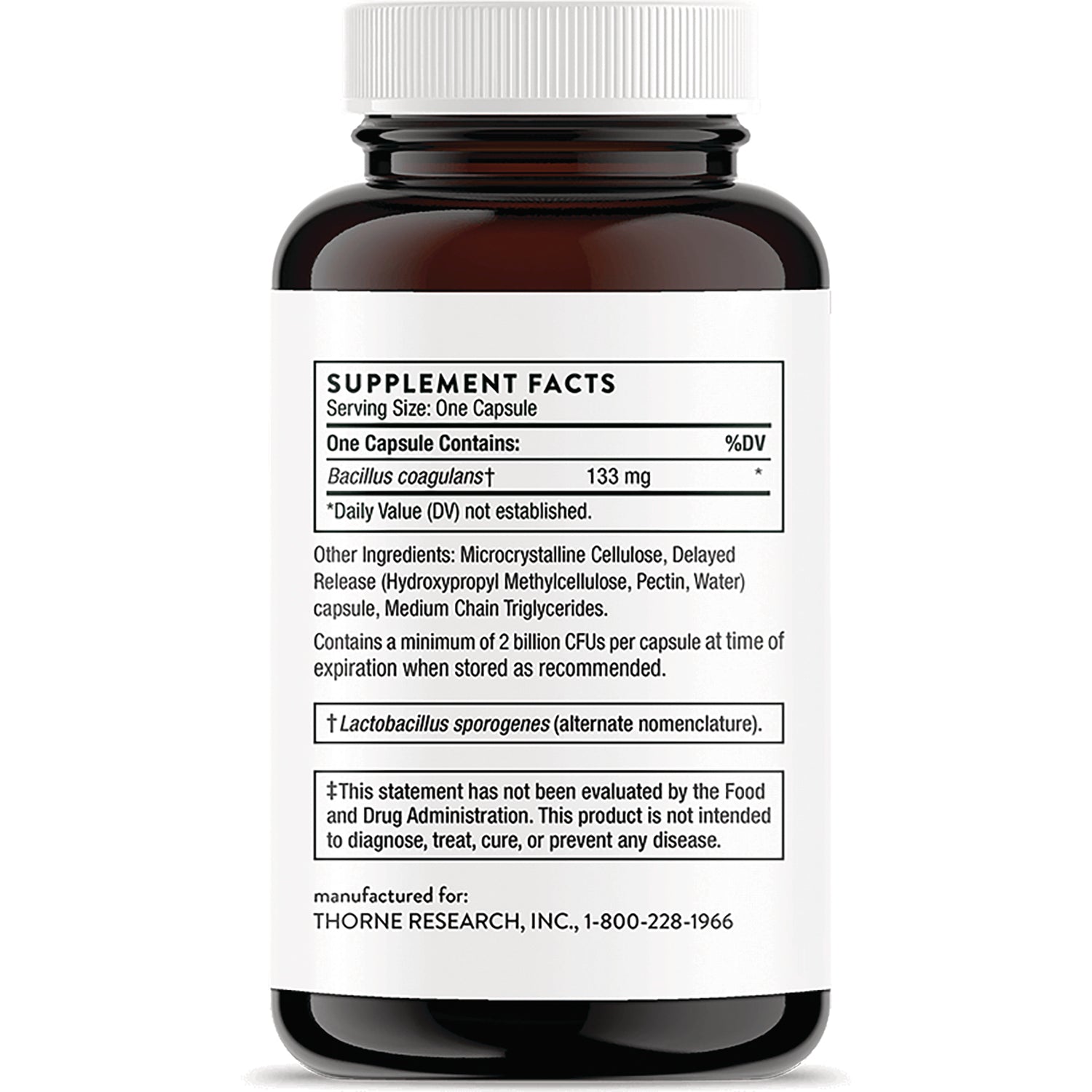 TRN006 | Back label with Supplement Facts for Bacillus coagulans 133 mg and ingredient list