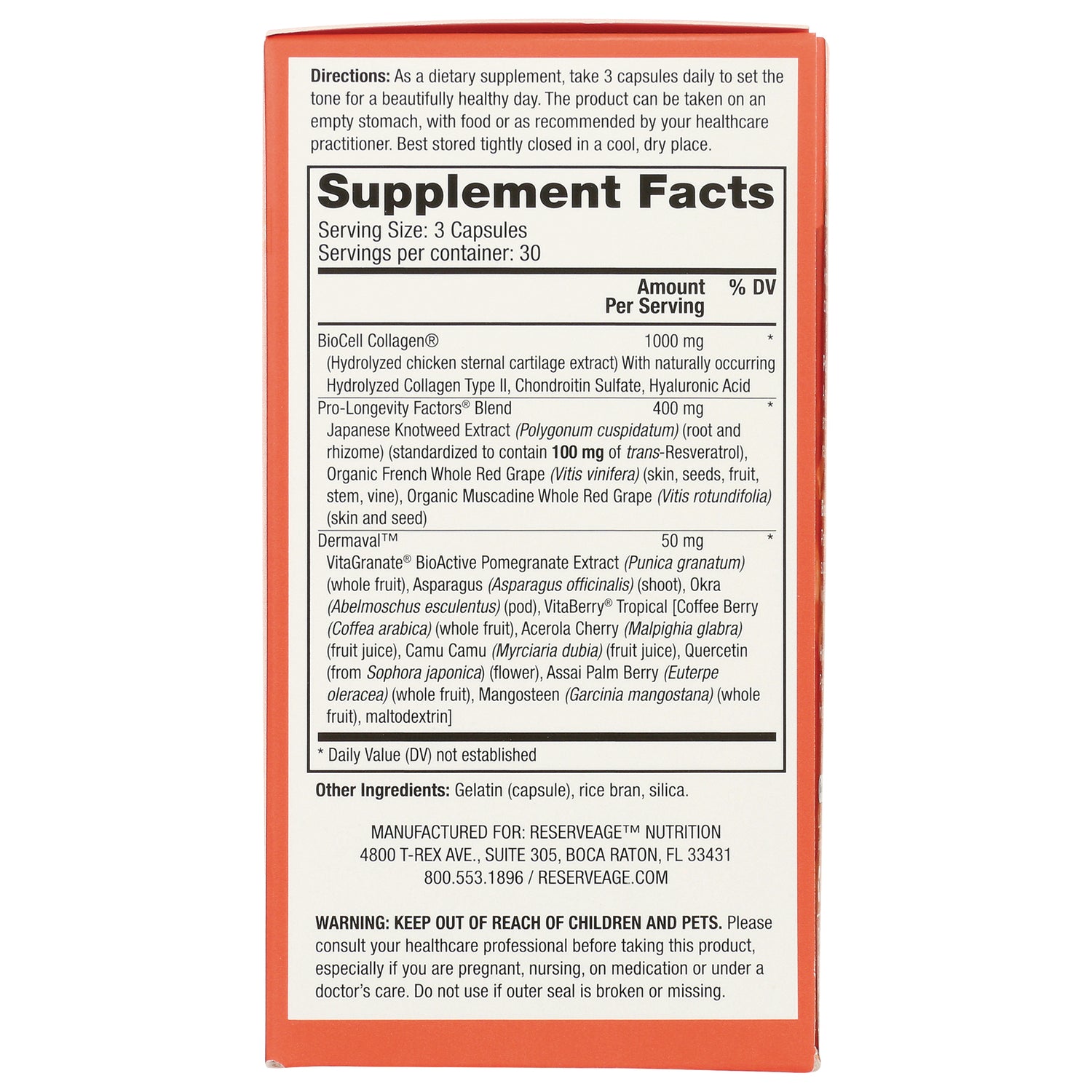 RSA026 | Back panel with Supplement Facts label showing serving size 3 Capsules and ingredient list