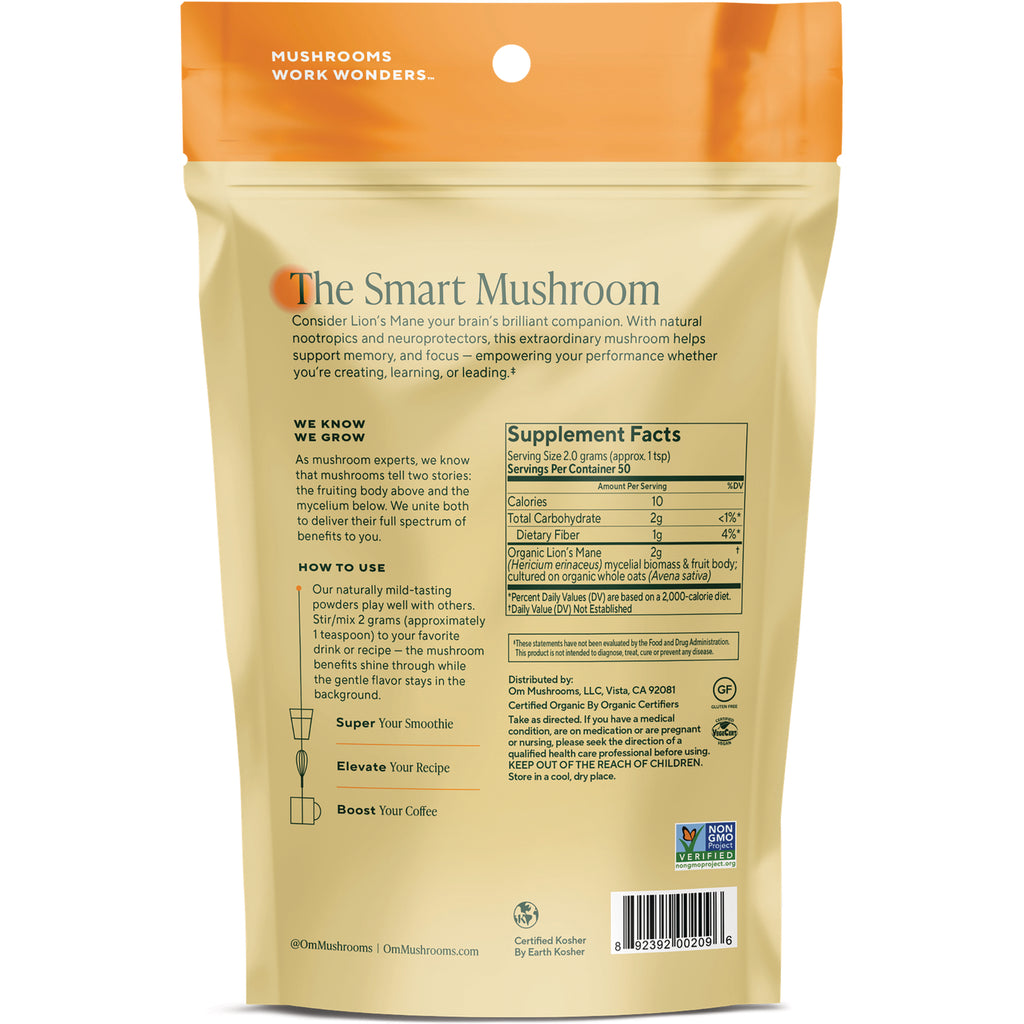 MMX009 | Back of Lion's Mane supplement pouch showing Supplement Facts panel, product description and barcode - Thumbnail