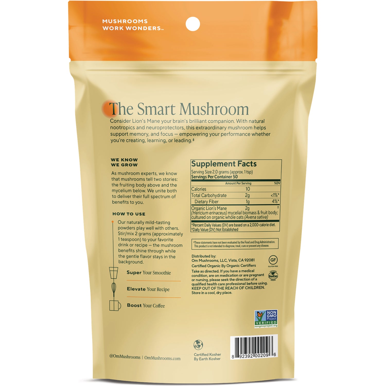 MMX009 | Back of Lion's Mane supplement pouch showing Supplement Facts panel, product description and barcode