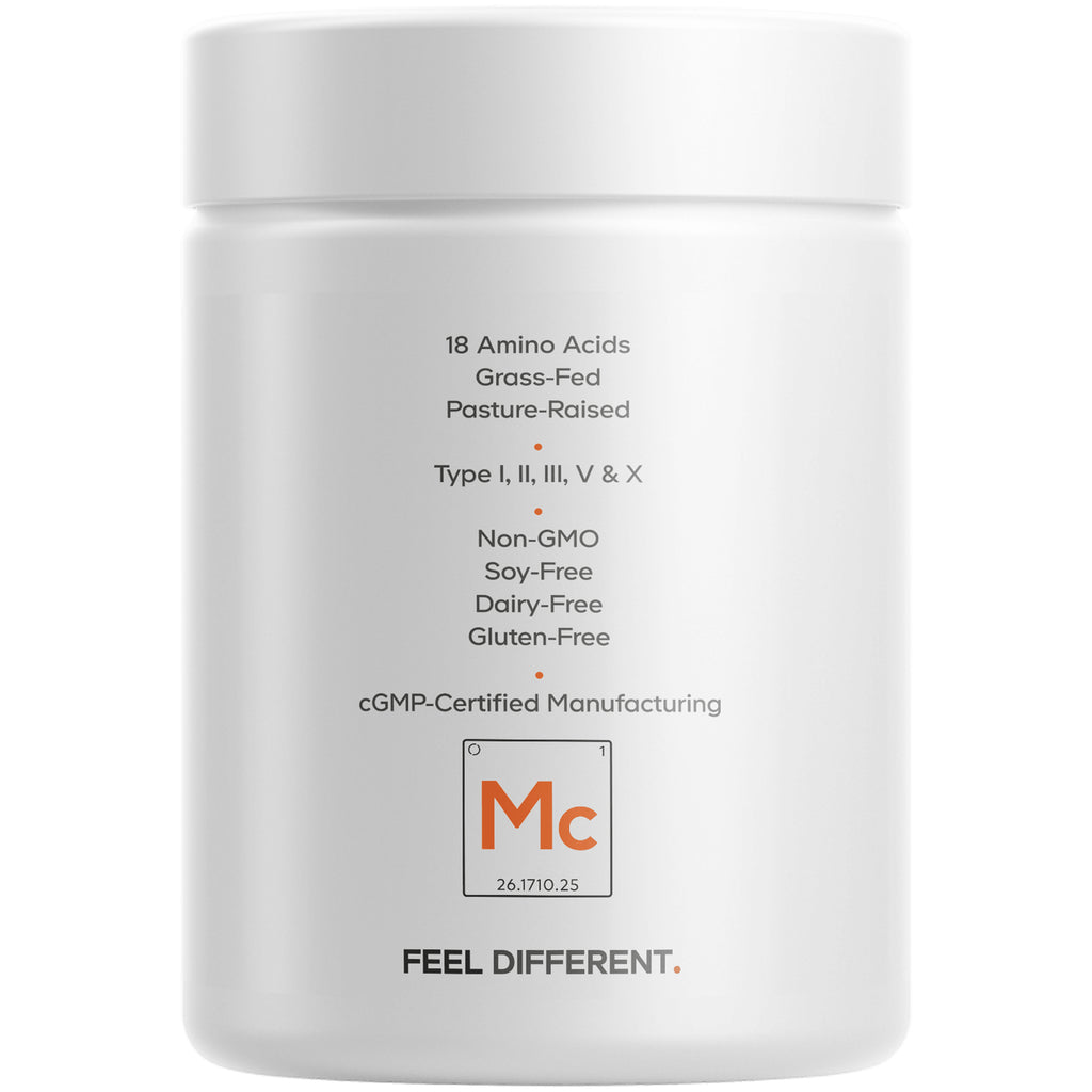 CDG026 | Back label of white supplement jar listing 18 amino acids, grass-fed, pasture-raised, non-GMO, soy-free, dairy-free, gluten-free - Thumbnail