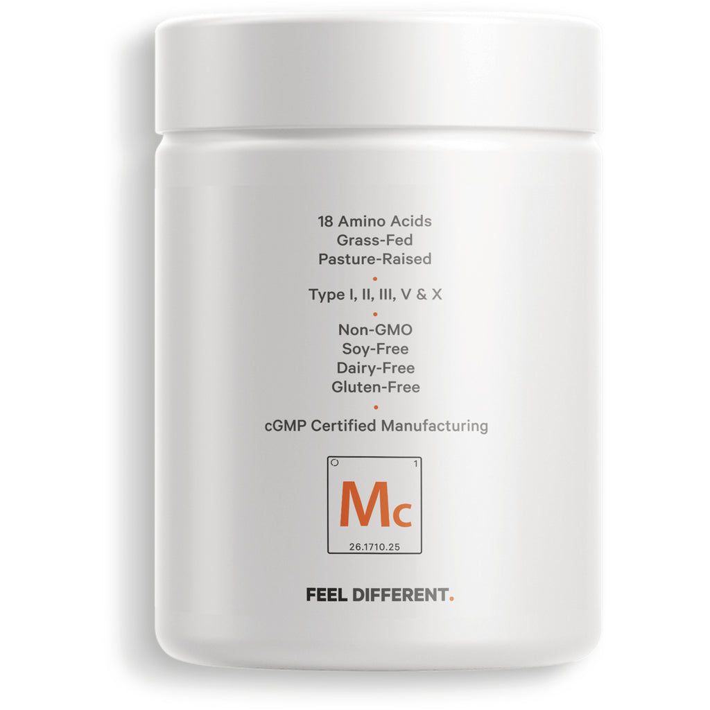 CDG026 | Back label of white supplement jar listing 18 amino acids, grass-fed, pasture-raised, non-GMO, soy-free, dairy-free, gluten-free - Thumbnail