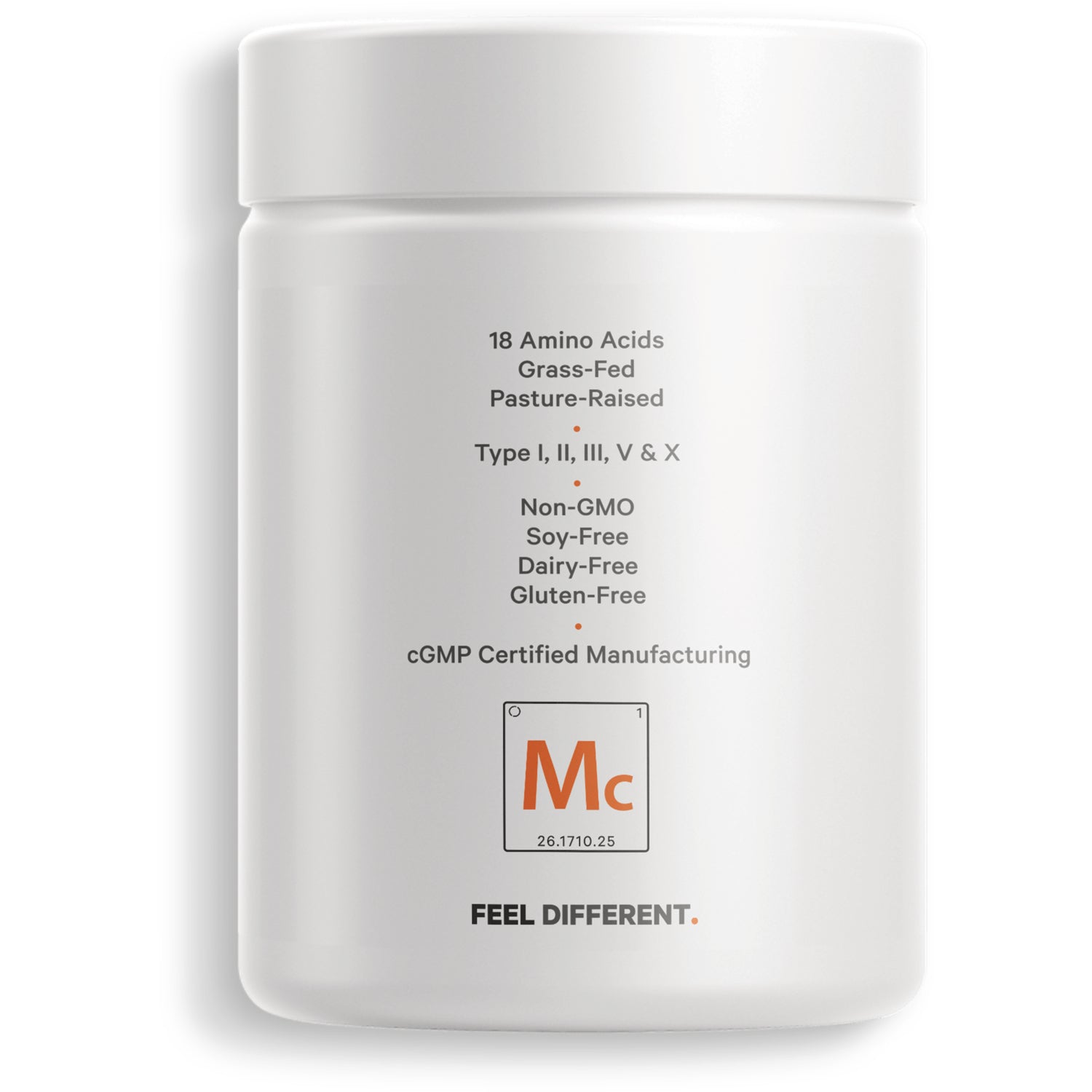 CDG026 | Back label of white supplement jar listing 18 amino acids, grass-fed, pasture-raised, non-GMO, soy-free, dairy-free, gluten-free