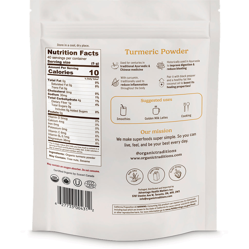 OTR069 | back of turmeric powder pouch showing Nutrition Facts panel, suggested uses, barcode and brand mission - Thumbnail