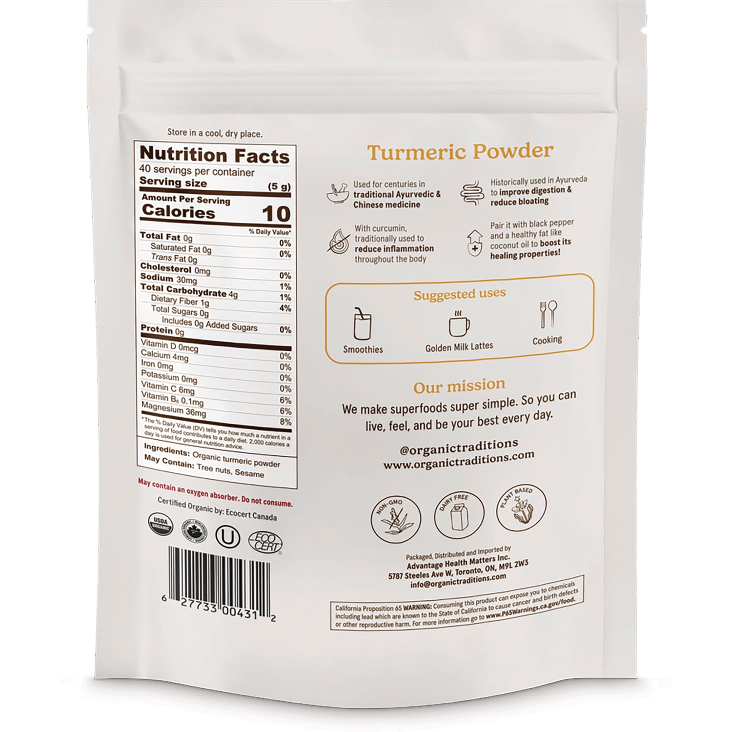 OTR069 | back of turmeric powder pouch showing Nutrition Facts panel, suggested uses, barcode and brand mission
