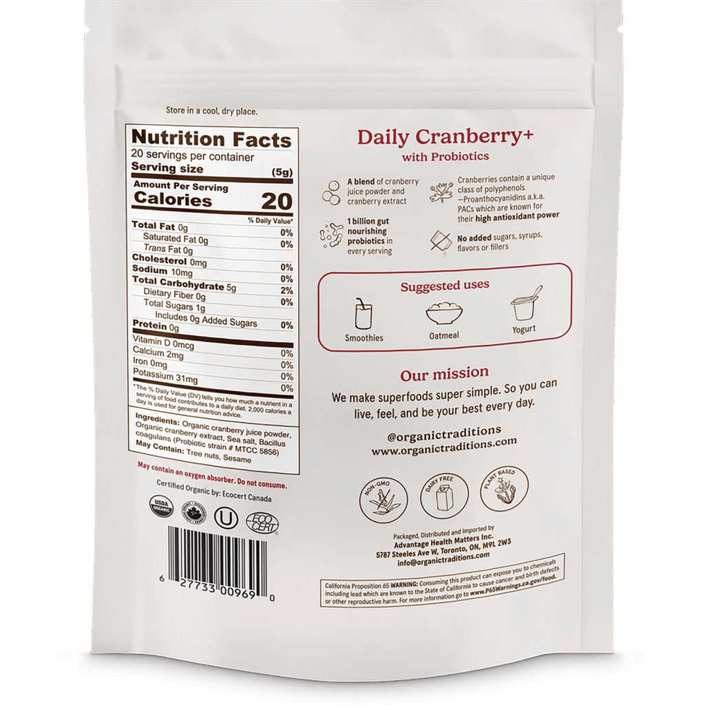 OTR106 | Back of white pouch showing Nutrition Facts panel, barcode, and Daily Cranberry+ suggested uses - Thumbnail